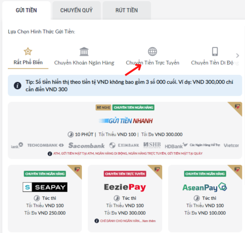 cách gửi tiền m88 qua chuyển tiền trực tuyến