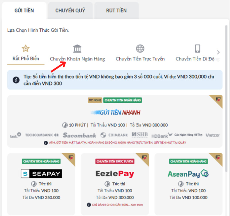 nạp tiền vào m88 bằng tài khoản ngân hàng địa phương