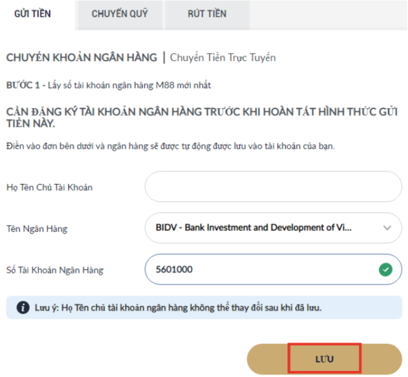 số tài khoản ngân hàng nạp tiền m88