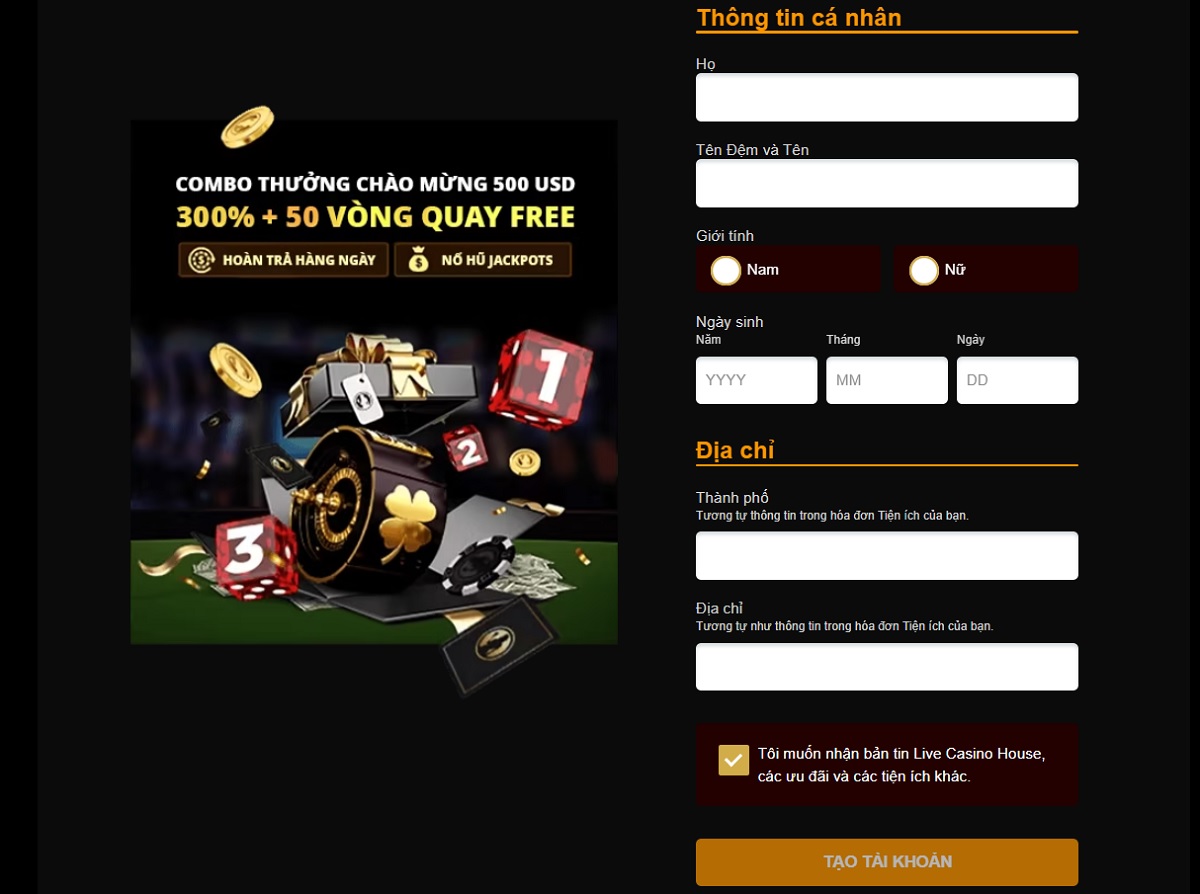 nhập thông tin cá nhân vào mục đăng ký tài khoản live casino house
