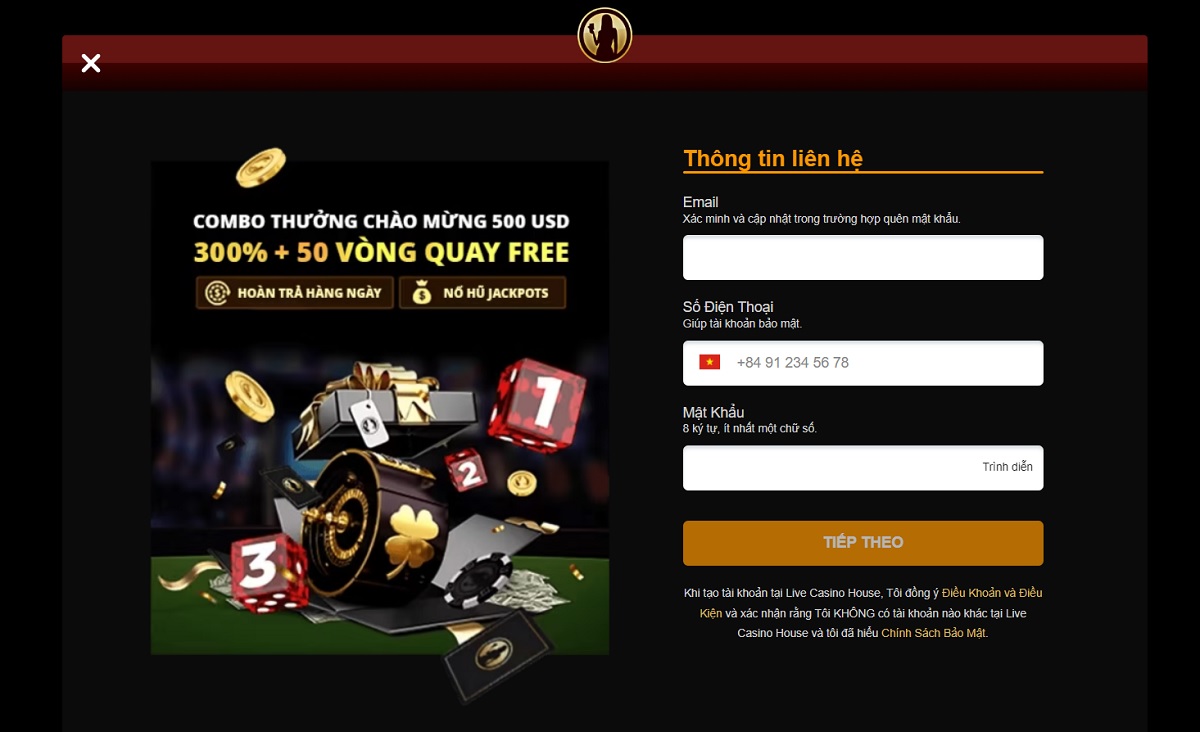 nhập thông tin liên hệ để đăng ký live casino house