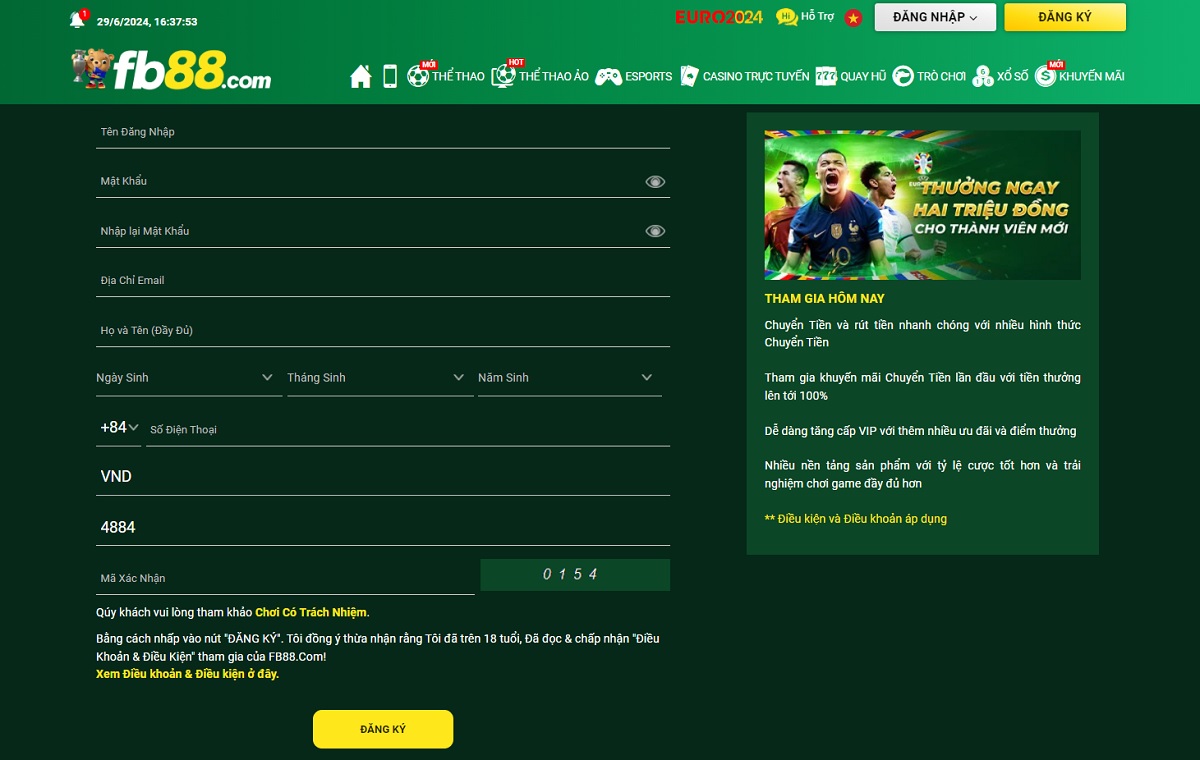 điền đầy đủ thông tin đăng ký tại fb88